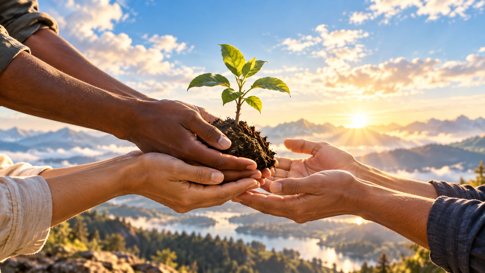 Conceptual artwork of helping hands passing a young sapling in warm sunlight.