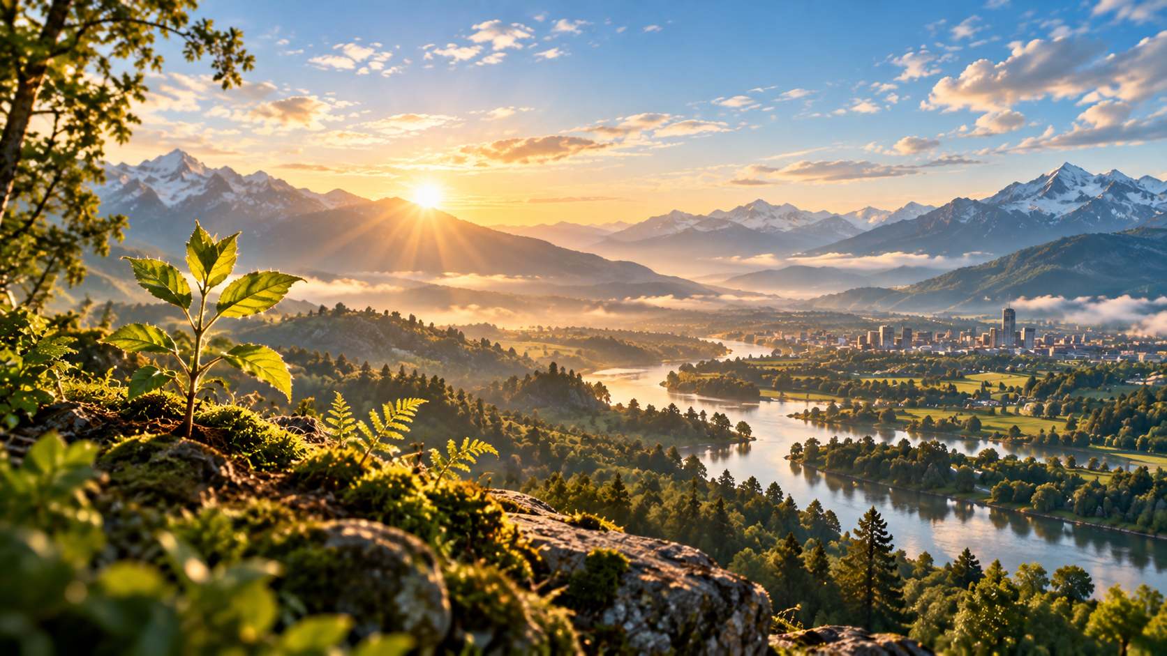 Conceptual artwork of a young sapling overlooking a sunlit river valley, with mountains and a distant city.