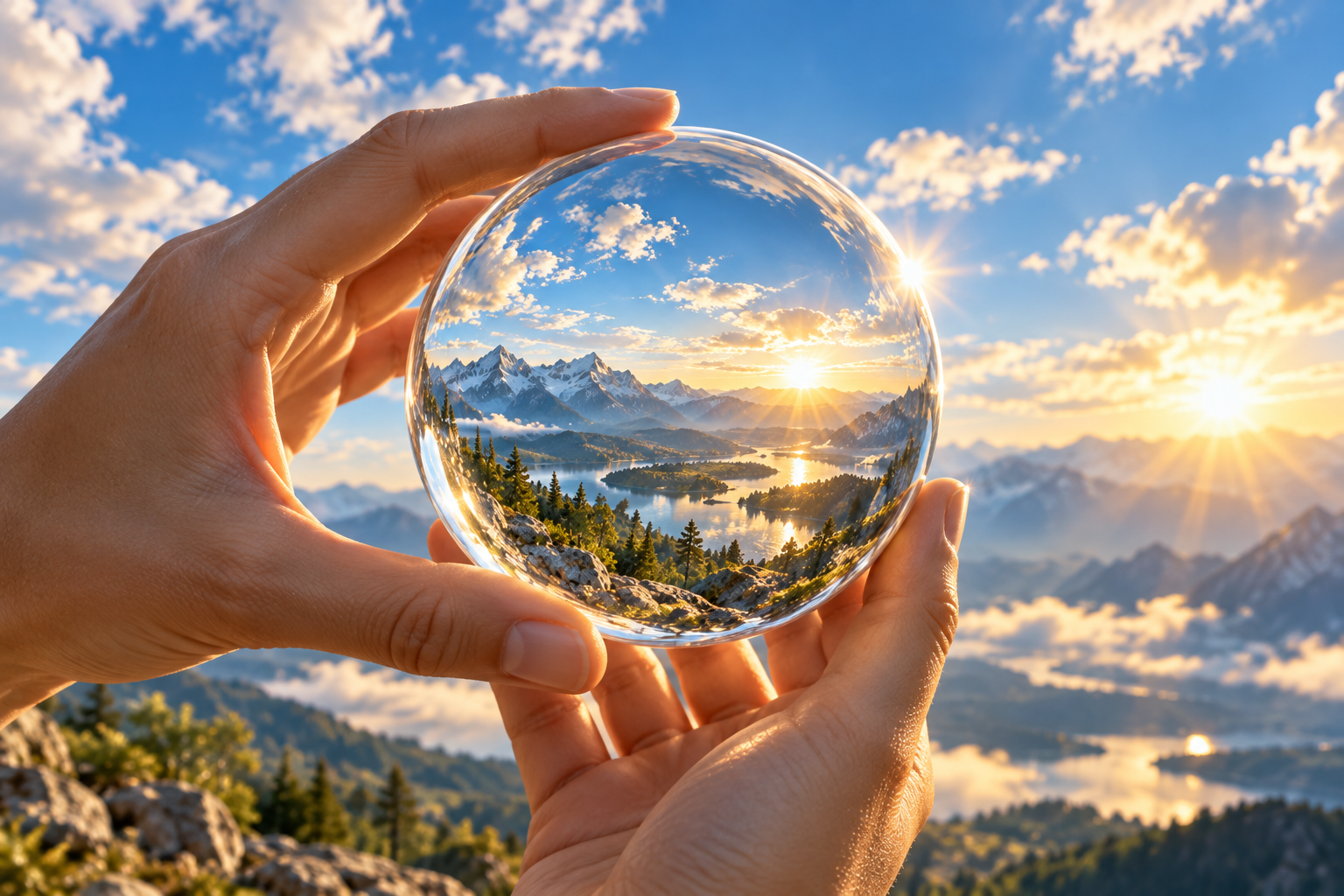 Conceptual artwork of hands holding a clear glass sphere that reveals a sunlit landscape, representing clarity and visible possibility.