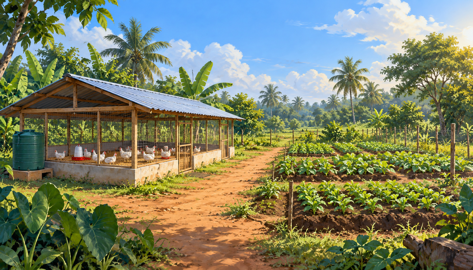 Concept illustration of a possible modest tropical farm, with young plants in small growing plots and chickens in a separate poultry shelter. This does not show the actual project site.
